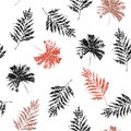 Minimal Modern tropical leaves seamless pattern,palm and fern leaves in hand drawn line sketch on texture