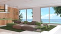 Minimal modern wooden kitchen and living room in white and green tones. Sofa, island with chairs and panoramic window with Royalty Free Stock Photo