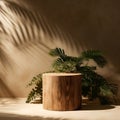 Minimal Natural Log Wood Podium Table in Dappled Sunlight. Generative AI