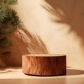 Minimal Natural Log Wood Podium Table in Dappled Sunlight. Generative AI