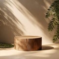 Minimal Natural Log Wood Podium Table in Dappled Sunlight. Generative AI