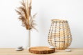 Minimal natural wood home decor with pine wood disc pedestal with bark. Royalty Free Stock Photo