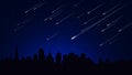 Minimal night city landscape. Meteor shower and starry sky. Use as background or wallpaper.
