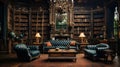 A Minimal Ornamental Bookshelves Library Luxury Sofa Dark Themed Background