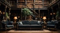 A Minimal Ornamental Bookshelves Library Luxury Sofa Dark Themed Background