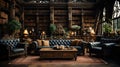 A Minimal Ornamental Bookshelves Library Luxury Sofa Dark Themed Background