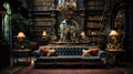 A Minimal Ornamental Bookshelves Library Luxury Sofa Dark Themed Background