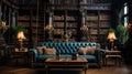 A Minimal Ornamental Bookshelves Library Luxury Sofa Dark Themed Background