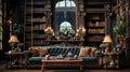 A Minimal Ornamental Bookshelves Library Luxury Sofa Dark Themed Background