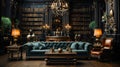 A Minimal Ornamental Bookshelves Library Luxury Sofa Dark Themed Background