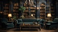 A Minimal Ornamental Bookshelves Library Luxury Sofa Dark Themed Background