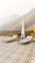 Minimal outdoor lounging terrace and sofa bench with mountain view , 3D illustration rendering