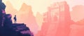 Minimal pastel illustration of a traveler exploring an ancient temple, ample copy space