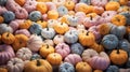 Minimal pastel Thanksgiving pumpkins background, web banner. Many trendy modern pastel pumpkins on table. Autumn holidays pastel