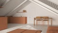 Minimal penthouse in white and orange tones. Kitchen, living and dining room with sofa and table. Wooden walls, iron beams and Royalty Free Stock Photo