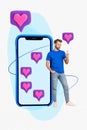 Minimal photo collage placard of young man hold smartphone communicating online find love smartphone display heart icon Royalty Free Stock Photo