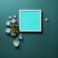 Minimal photo frame beauty cosmetic mockup with cube of ice and succulent on dark aquamarine background