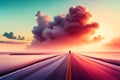 minimal pink green gradient road with a giant smoke in the background. ai generated Royalty Free Stock Photo