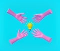 Pink mannequin hands with light bulb isolated on blue background. Conceptual idea. Close up. 3d rendering