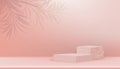 Minimal Podium display with Cubes Box Marble Stand with palm leaves on empty wall in peach colour,Vector 3D Empty Pink showcase in