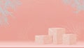 Minimal Podium display with Cubes Box Marble Stand with palm leaves on empty wall in peach colour,Vector 3D Empty Pink showcase in