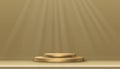 Minimal Podium Display with Yellow gold Cylinder Stand on golden floor and wall,Vector Realistic 3D for Stage pedestal platform,