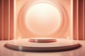 Minimal podium with round window in background, stand to show cosmetic products. Abstract peach color stage with platform in