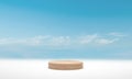 Minimal podium wood cylinder podium over blue sky cloud background. 3d render