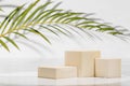 Minimal product display. Modern showcase with three cube wooden podium with green palm leaf in sunlight, shadow on marble board,