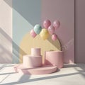 Minimal product podium stage with multicolor pastel color balloons in geometric shape for presentation background