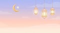 Minimal Ramadan background with crescent moon and hanging lanterns, soft pastel gradient sky, modern flat illustration style Royalty Free Stock Photo