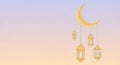 Minimal Ramadan background with crescent moon and hanging lanterns, soft pastel gradient sky, modern flat illustration style Royalty Free Stock Photo