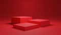 Minimal red colour of three blank cube podium and background for showing product presentation , 3D rendering technical concept