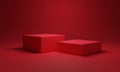 Minimal red colour of two blank cube podium and background for showing product presentation , 3D rendering technical concept