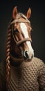 Minimal Retouching: Photographic Portrait Of A Horse In Knitwear With Braids