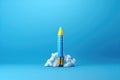 Rocket on cloud made of blue yellow crayons, back to school. Generative ai