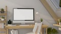 Minimal Scandinavian home workplace in attic room interior design with desktop computer mockup