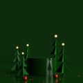 Minimal scene with green cylinder podium and pine trees on midnight green background.Merry christmas and happy new year