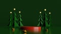 Minimal scene with red podium and pine trees on midnight green background.For christmas holiday and winter concept.3d rendering Royalty Free Stock Photo