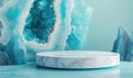 Minimal scene with white marble podium and blue gemstone background Royalty Free Stock Photo