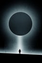 A minimal science fiction edit of a hooded silhouette of a figure of a man standing below a light beam with an eclipse in the sky Royalty Free Stock Photo