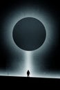 A minimal science fiction edit of a hooded silhouette of a figure of a man standing below a light beam with an eclipse in the sky