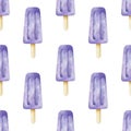 Minimal seamless pattern with blueberry popsicles. Violet color. Digital watercolor for fabric, print