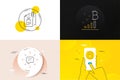 Minimal set of Checked file, Sms and Bitcoin graph line icons. For web development. Vector