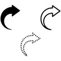 Three curved share or reply arrow icons in solid, outline, and dotted styles on a white background Royalty Free Stock Photo