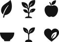 Minimal solid black eco icons set â leaf, sprout, apple, bowl, and heart shapes vector Royalty Free Stock Photo