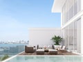 Minimal stye white house with wooden swimming pool terrace 3d render