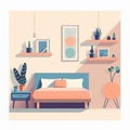 minimal style bedroom, 2d simple digital art, pastel color illustration