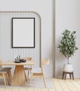 minimal style dining room with wooden floor ,big window,table set,frame for mockup Royalty Free Stock Photo