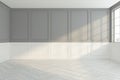 Minimal style empty room with gray and white wall cornice, wood floor. 3D rendering Royalty Free Stock Photo